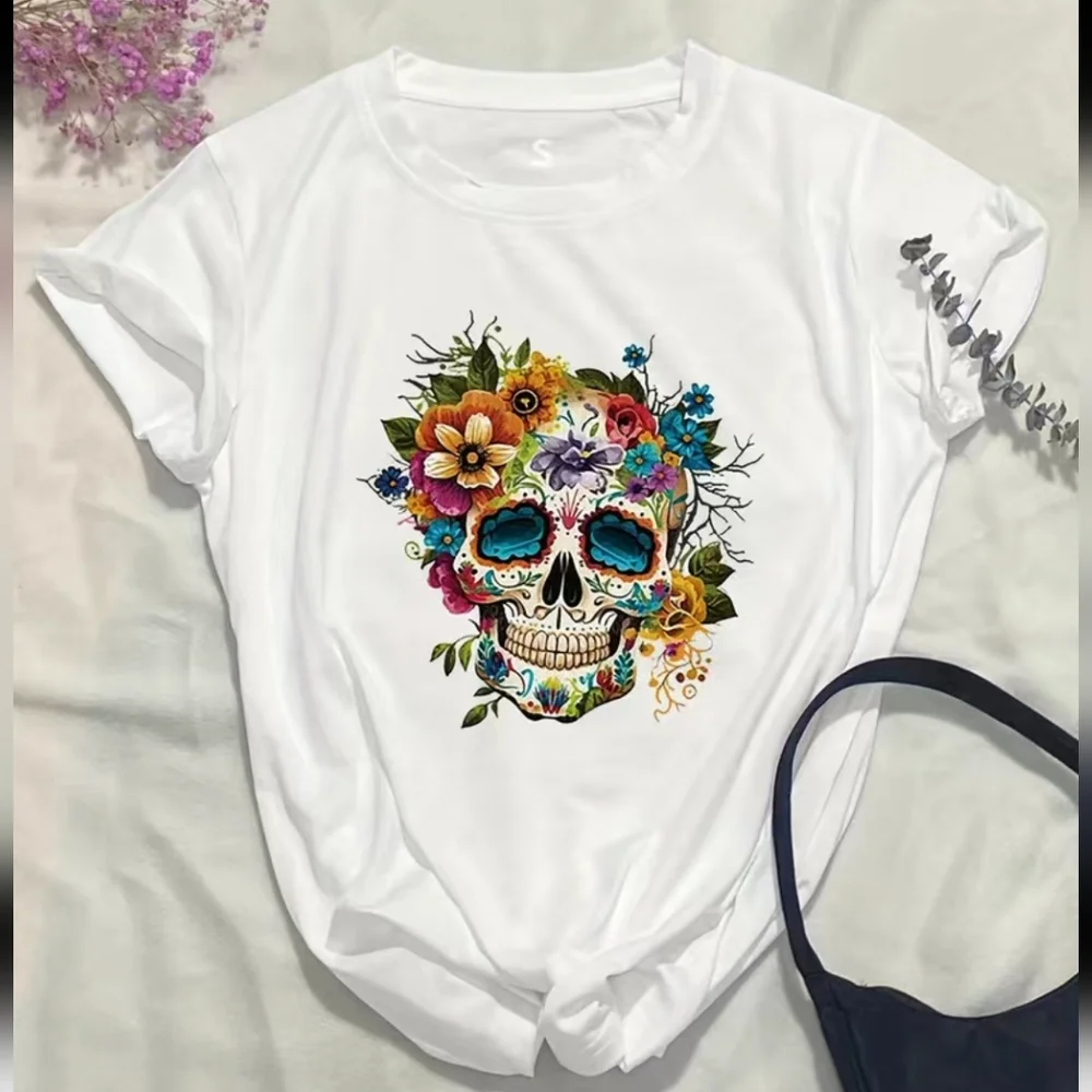 Sugar Skull Tshirt Shirt Sleved White Various Sizes Soft Dia de los Muertos - Picture 2 of 3